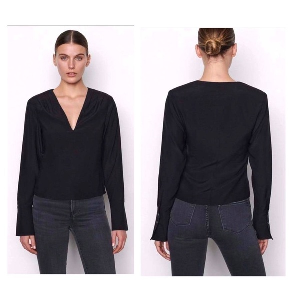 Frame DENIM SILK PLEATED V-NECK LONG SLEEVE BLOUSE TOP - NOIR Size Small - Picture 7 of 11